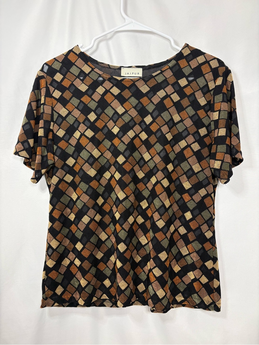 Jaipur Short Sleeve Geometric Mosaic Top in Black and Brown Size Large